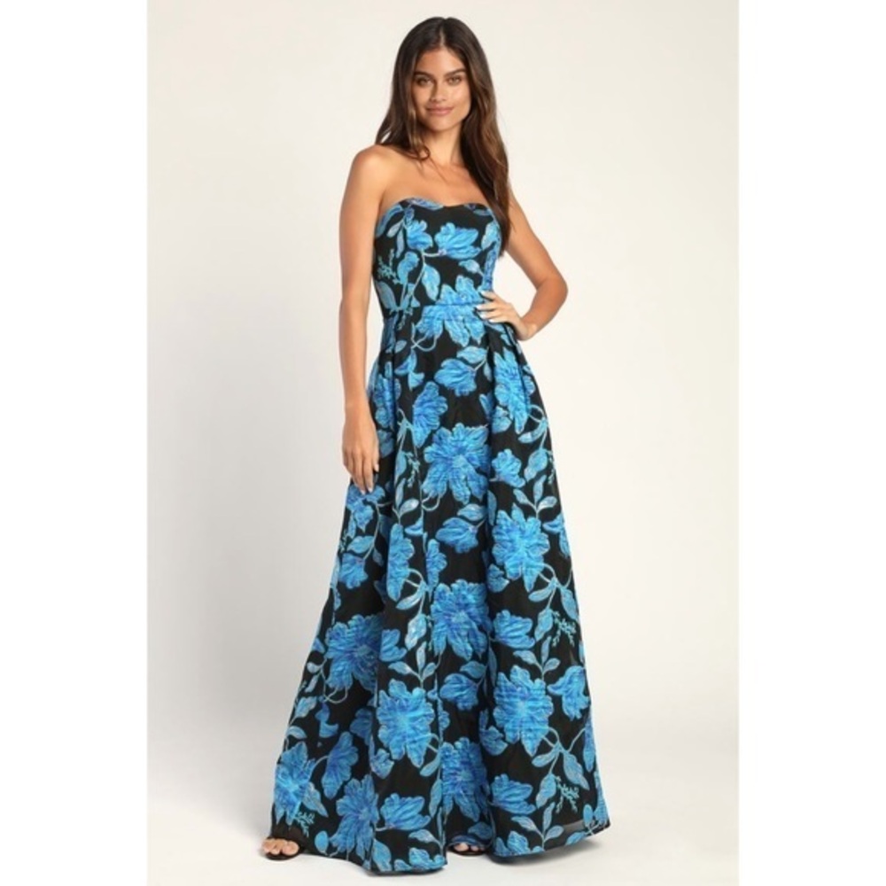 NWT Lulu’s Midnight Blossom Black Floral Jacquard Strapless Maxi Dress